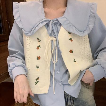 FA45219# 法式甜美娃娃领长袖衬衫+减龄刺绣针织马甲两件套 服裝批發女裝批發服飾貨源