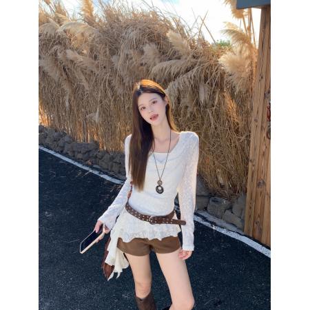 FA45220# 美式辣妹荡领蕾丝长袖T恤女秋季不规则荷叶边收腰上衣 服裝批發女裝批發服飾貨源