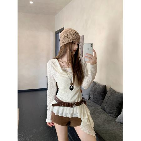 FA45220# 美式辣妹荡领蕾丝长袖T恤女秋季不规则荷叶边收腰上衣 服裝批發女裝批發服飾貨源