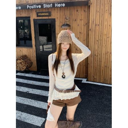 FA45220# 美式辣妹荡领蕾丝长袖T恤女秋季不规则荷叶边收腰上衣 服裝批發女裝批發服飾貨源