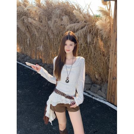 FA45220# 美式辣妹荡领蕾丝长袖T恤女秋季不规则荷叶边收腰上衣 服裝批發女裝批發服飾貨源