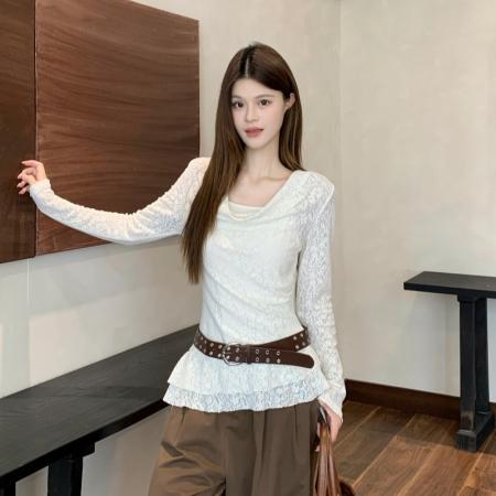 FA45220# 美式辣妹荡领蕾丝长袖T恤女秋季不规则荷叶边收腰上衣 服裝批發女裝批發服飾貨源