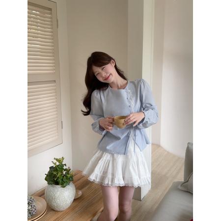 FA45221# ～法式不规则圆领单排扣衬衫女设计感绑带收腰褶皱上衣 服裝批發女裝批發服飾貨源