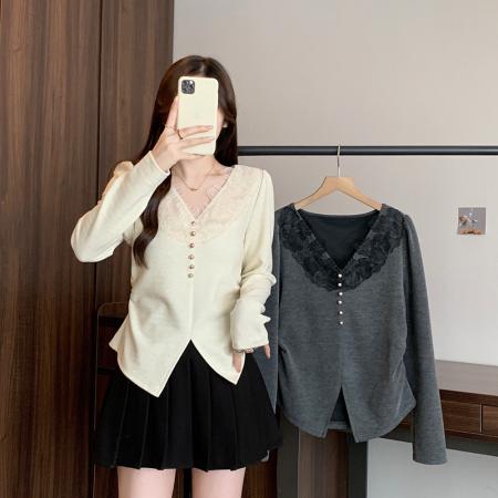 FA45232# 秋装新款胖mm大码女纯欲设计感蕾丝花边不规则v领掐腰T恤 服裝批發女裝批發服飾貨源