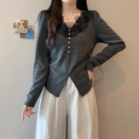 FA45232# 秋装新款胖mm大码女纯欲设计感蕾丝花边不规则v领掐腰T恤 服裝批發女裝批發服飾貨源