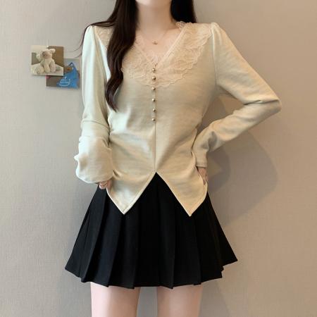 FA45232# 秋装新款胖mm大码女纯欲设计感蕾丝花边不规则v领掐腰T恤 服裝批發女裝批發服飾貨源