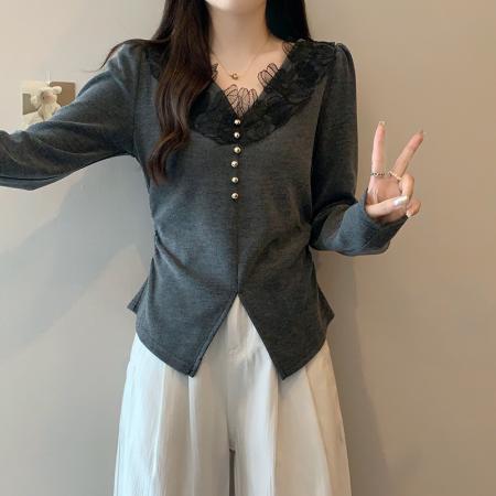 FA45232# 秋装新款胖mm大码女纯欲设计感蕾丝花边不规则v领掐腰T恤 服裝批發女裝批發服飾貨源