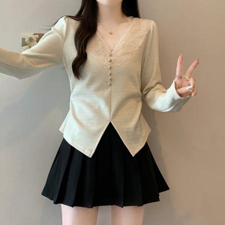 FA45232# 秋装新款胖mm大码女纯欲设计感蕾丝花边不规则v领掐腰T恤 服裝批發女裝批發服飾貨源