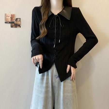 FA45233# 秋季新款胖mm大码女美拉德复古拼接绑带别致针织上衣 服裝批發女裝批發服飾貨源