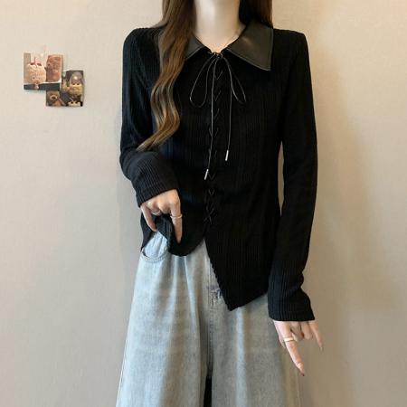 FA45233# 秋季新款胖mm大码女美拉德复古拼接绑带别致针织上衣 服裝批發女裝批發服飾貨源