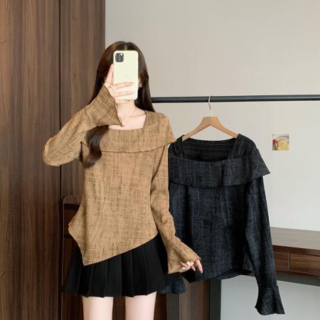 FA45236# 秋装新款胖mm大码女时尚肌理感方领不规则喇叭袖上衣 服裝批發女裝批發服飾貨源