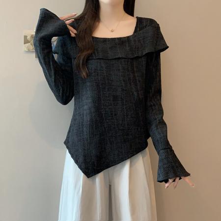 FA45236# 秋装新款胖mm大码女时尚肌理感方领不规则喇叭袖上衣 服裝批發女裝批發服飾貨源