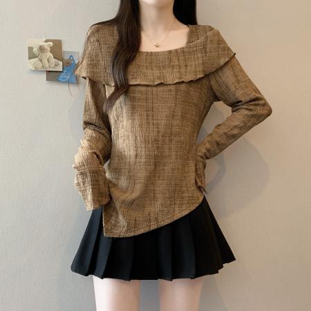 FA45236# 秋装新款胖mm大码女时尚肌理感方领不规则喇叭袖上衣 服裝批發女裝批發服飾貨源