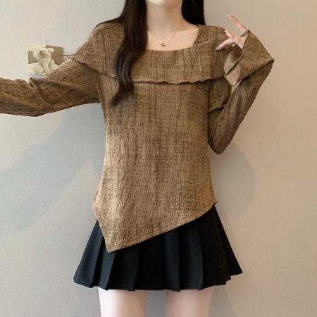 FA45236# 秋装新款胖mm大码女时尚肌理感方领不规则喇叭袖上衣 服裝批發女裝批發服飾貨源