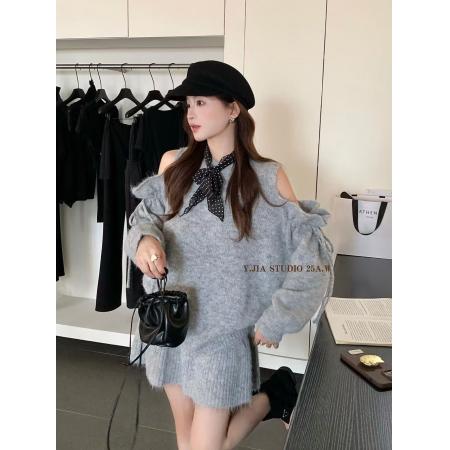 FA45241# 法式设计感小众露肩针织衫+高腰显瘦半身裙两件套 服裝批發女裝批發服飾貨源