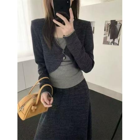 FA45242# 韩国春装一粒扣V领开衫+小背心+半身裙时尚三件套套装女 服裝批發女裝批發服飾貨源