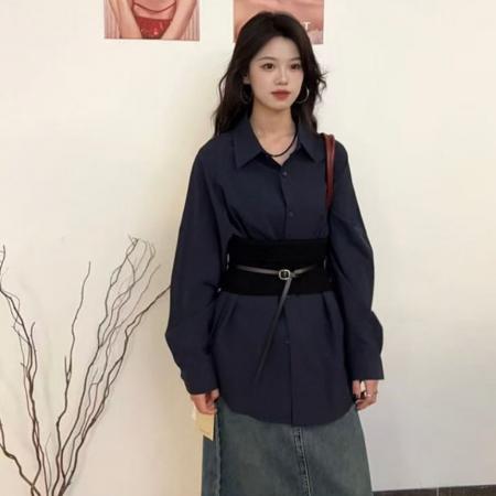 FA45243# 韩版早秋简约气质翻领设计感中长款衬衫上衣+腰封+腰带三件套 服裝批發女裝批發服飾貨源