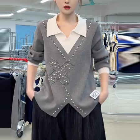 FA45261# 衬衫领假两件灰色针织衫女士长袖秋冬季新款洋气时尚钉珠打底上衣 服裝批發女裝批發服飾貨源