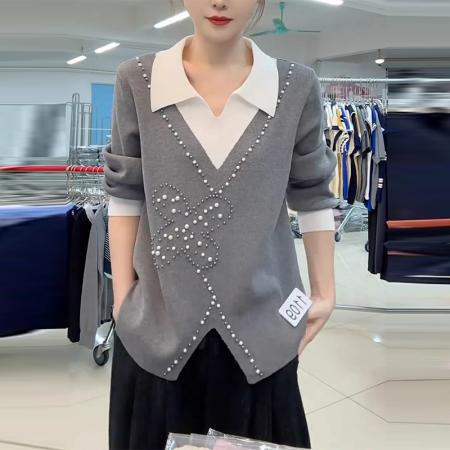 FA45261# 衬衫领假两件灰色针织衫女士长袖秋冬季新款洋气时尚钉珠打底上衣 服裝批發女裝批發服飾貨源