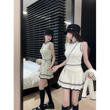 FA45264# 学院风针织背心开衫小香套装裙三件套 服裝批發女裝批發服飾貨源