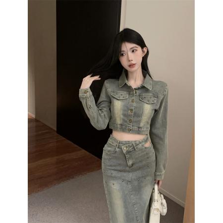 FA45267# 法式复古牛仔辣妹钉泡珠长袖外套高腰开叉半身长裙套装 服裝批發女裝批發服飾貨源