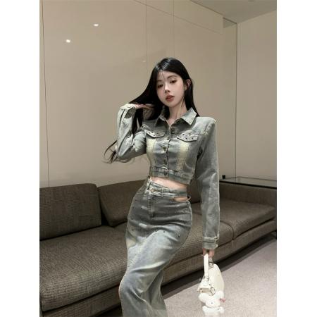 FA45267# 法式复古牛仔辣妹钉泡珠长袖外套高腰开叉半身长裙套装 服裝批發女裝批發服飾貨源