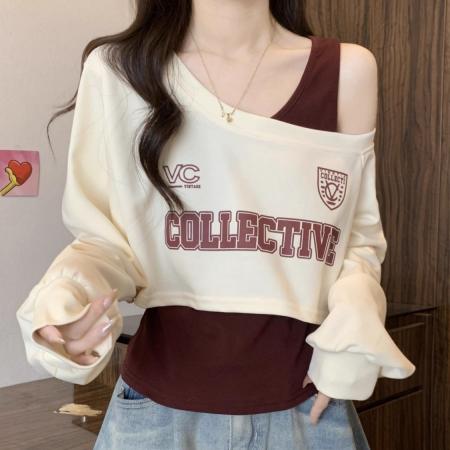 FA45273# 秋季女新款斜肩长袖卫衣T恤吊带叠穿真两件套露肩时尚小上衣 服裝批發女裝批發服飾貨源