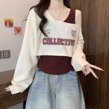 FA45273# 秋季女新款斜肩长袖卫衣T恤吊带叠穿真两件套露肩时尚小上衣 服裝批發女裝批發服飾貨源