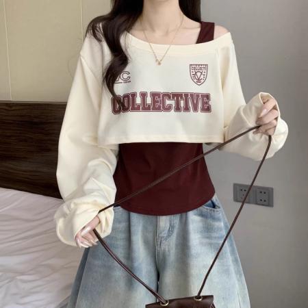 FA45273# 秋季女新款斜肩长袖卫衣T恤吊带叠穿真两件套露肩时尚小上衣 服裝批發女裝批發服飾貨源