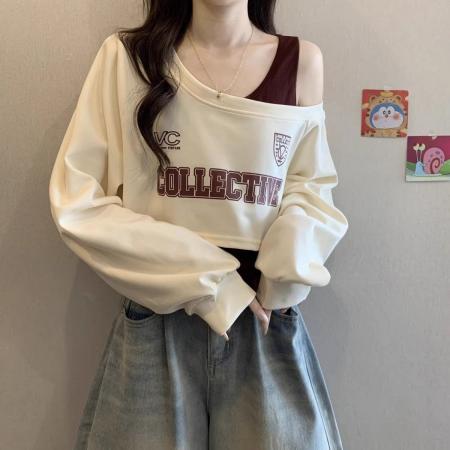 FA45273# 秋季女新款斜肩长袖卫衣T恤吊带叠穿真两件套露肩时尚小上衣 服裝批發女裝批發服飾貨源