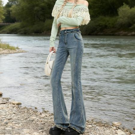 FA45277# 热卖视觉系列古早玫瑰毛边工艺修饰曲线微喇叭牛仔裤女 服裝批發女裝批發服飾貨源