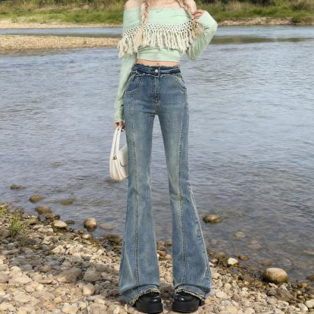 FA45277# 热卖视觉系列古早玫瑰毛边工艺修饰曲线微喇叭牛仔裤女 服裝批發女裝批發服飾貨源