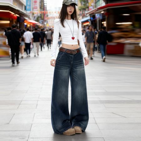 FA45278# 秋冬爆款热卖复古后口袋翻盖设计宽松直筒阔腿牛仔裤女潮 服裝批發女裝批發服飾貨源