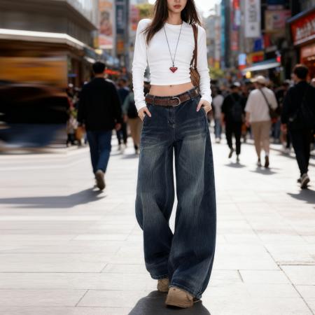 FA45278# 秋冬爆款热卖复古后口袋翻盖设计宽松直筒阔腿牛仔裤女潮 服裝批發女裝批發服飾貨源