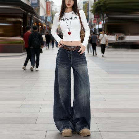 FA45278# 秋冬爆款热卖复古后口袋翻盖设计宽松直筒阔腿牛仔裤女潮 服裝批發女裝批發服飾貨源