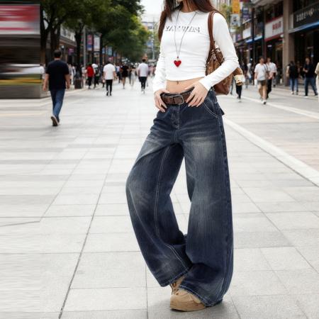 FA45278# 秋冬爆款热卖复古后口袋翻盖设计宽松直筒阔腿牛仔裤女潮 服裝批發女裝批發服飾貨源