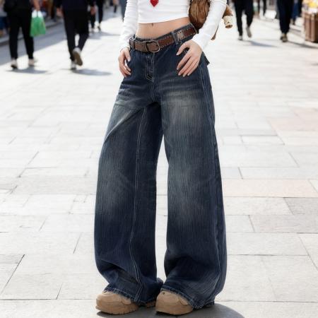 FA45278# 秋冬爆款热卖复古后口袋翻盖设计宽松直筒阔腿牛仔裤女潮 服裝批發女裝批發服飾貨源