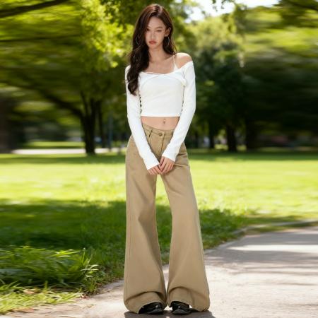 FA45279# 新款美式卡其色牛仔裤女低腰辣妹复古拖地不贴腿微喇裤子 服裝批發女裝批發服飾貨源