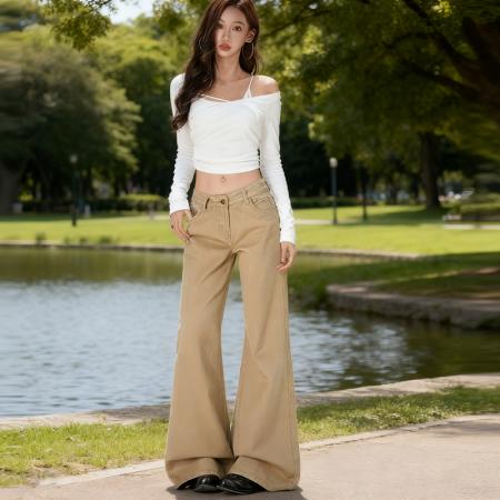 FA45279# 新款美式卡其色牛仔裤女低腰辣妹复古拖地不贴腿微喇裤子 服裝批發女裝批發服飾貨源