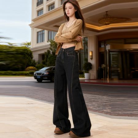 FA45280# 秋冬新款加绒阔腿牛仔裤高级感设计爆款高腰宽松显瘦裤女 服裝批發女裝批發服飾貨源