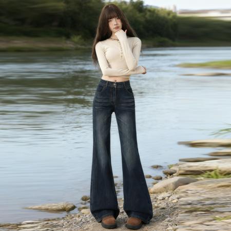 FA45281# 秋冬爆款热卖微喇深蓝低腰复古新款宽松直筒牛仔裤 服裝批發女裝批發服飾貨源