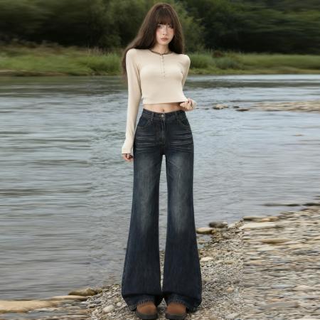 FA45281# 秋冬爆款热卖微喇深蓝低腰复古新款宽松直筒牛仔裤 服裝批發女裝批發服飾貨源