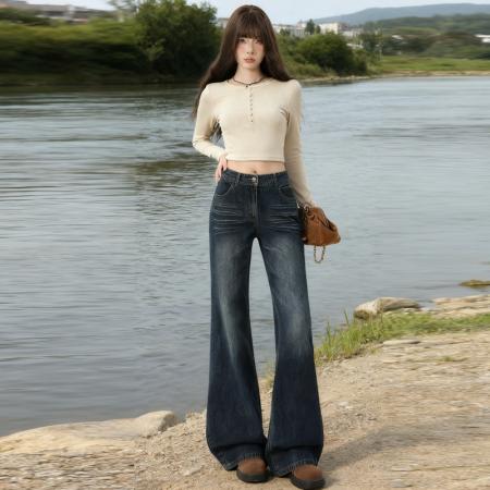 FA45281# 秋冬爆款热卖微喇深蓝低腰复古新款宽松直筒牛仔裤 服裝批發女裝批發服飾貨源