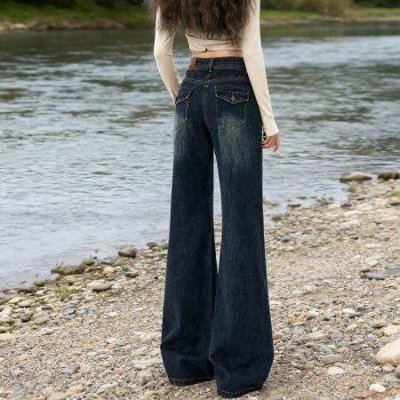 FA45281# 秋冬爆款热卖微喇深蓝低腰复古新款宽松直筒牛仔裤 服裝批發女裝批發服飾貨源