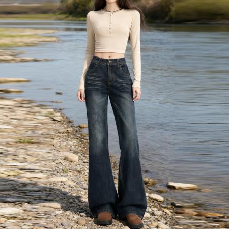 FA45281# 秋冬爆款热卖微喇深蓝低腰复古新款宽松直筒牛仔裤 服裝批發女裝批發服飾貨源