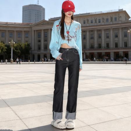 FA45282# 薄绒翻脚边设计感牛仔裤秋冬百搭新款直筒烟管牛仔裤女 服裝批發女裝批發服飾貨源