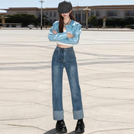 FA45282# 薄绒翻脚边设计感牛仔裤秋冬百搭新款直筒烟管牛仔裤女 服裝批發女裝批發服飾貨源