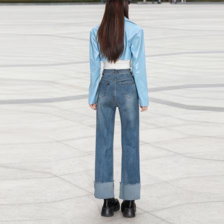 FA45282# 薄绒翻脚边设计感牛仔裤秋冬百搭新款直筒烟管牛仔裤女 服裝批發女裝批發服飾貨源