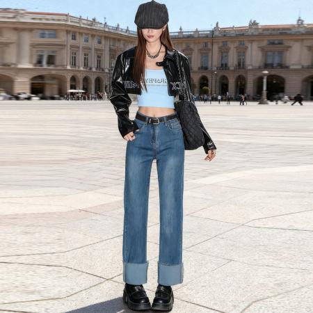 FA45282# 薄绒翻脚边设计感牛仔裤秋冬百搭新款直筒烟管牛仔裤女 服裝批發女裝批發服飾貨源