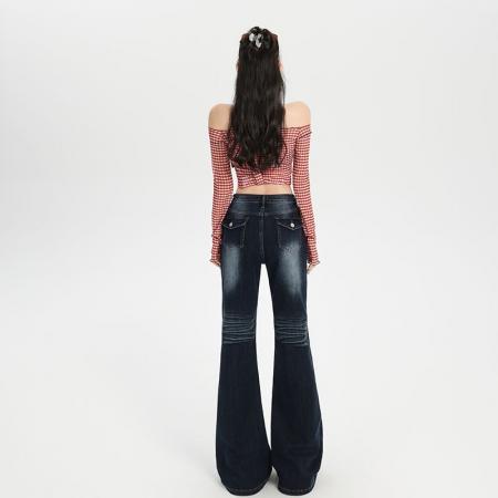 FA45283# 秋季新款美式深蓝不贴腿高腰微喇牛仔裤女弹力辣妹直筒喇叭裤 服裝批發女裝批發服飾貨源